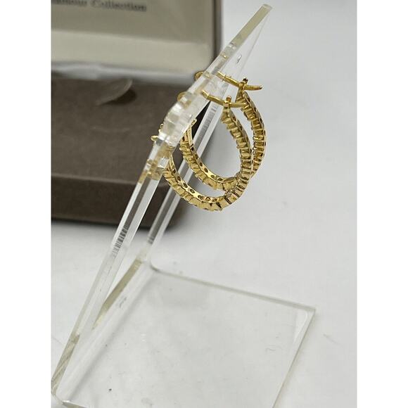 NOLAN MILLER Signed Flower Crystal Clear Bling CZ Gold tone Hoop Earrings New - Picture 8 of 12